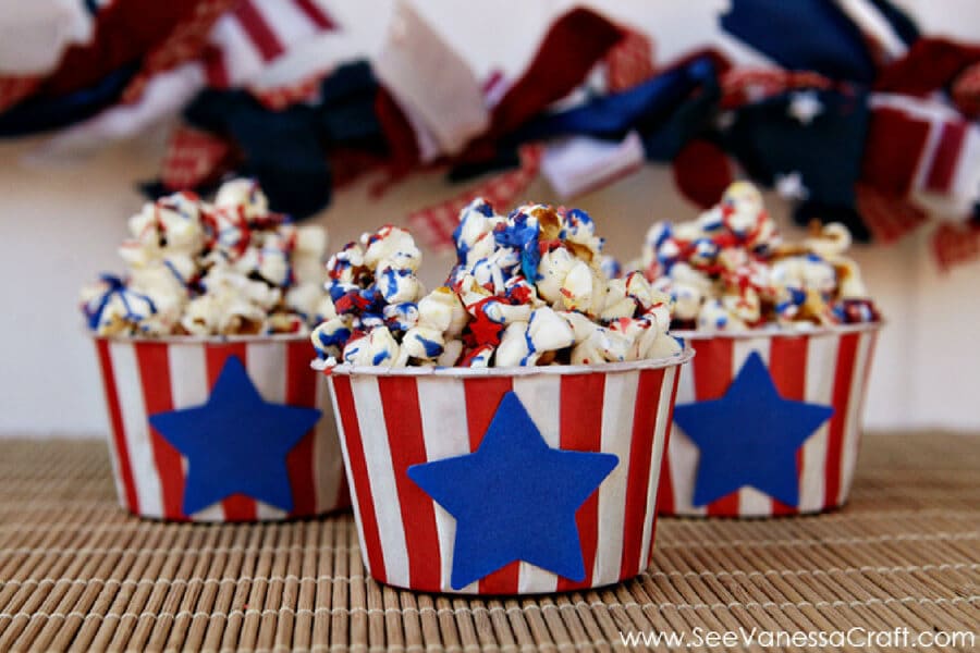 4th of july desserts popcorn - red white and blue recipes #desserts #4thofjuly #fourthofjuly #patrioticfood #recipes #food #cakes #cupcakes #americanflagdesserts #cookies #icecream #pies #fruitpizza #marshmallows #popcorn #donuts #sweets #treats #snacks
