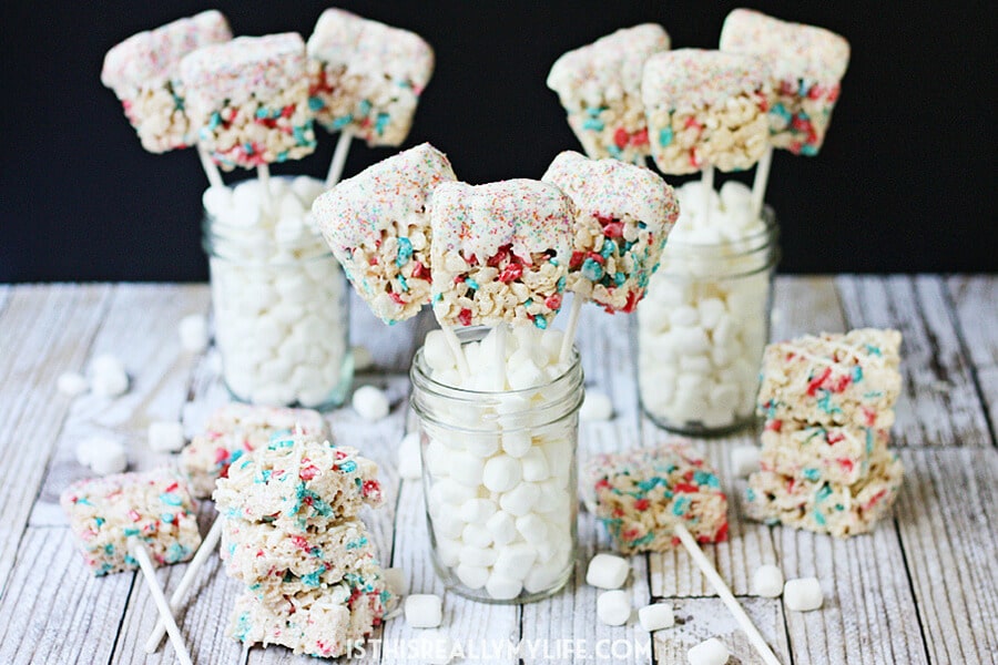 4th of july desserts krispies - red white and blue recipes #desserts #4thofjuly #fourthofjuly #patrioticfood #recipes #food #cakes #cupcakes #americanflagdesserts #cookies #icecream #pies #fruitpizza #marshmallows #popcorn #donuts #sweets #treats #snacks