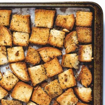 homemade croutons in a sheet pan