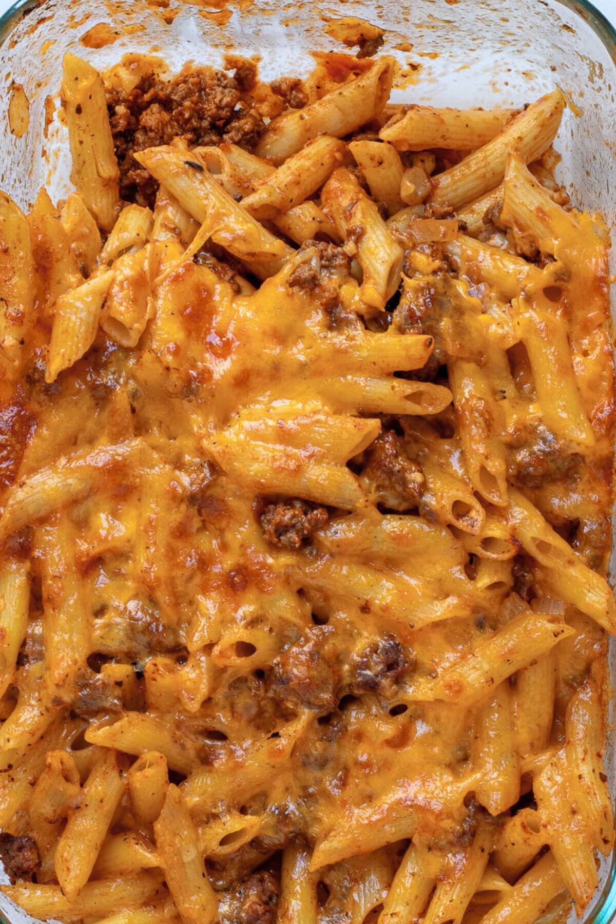 penne pasta bake in a glass casserole