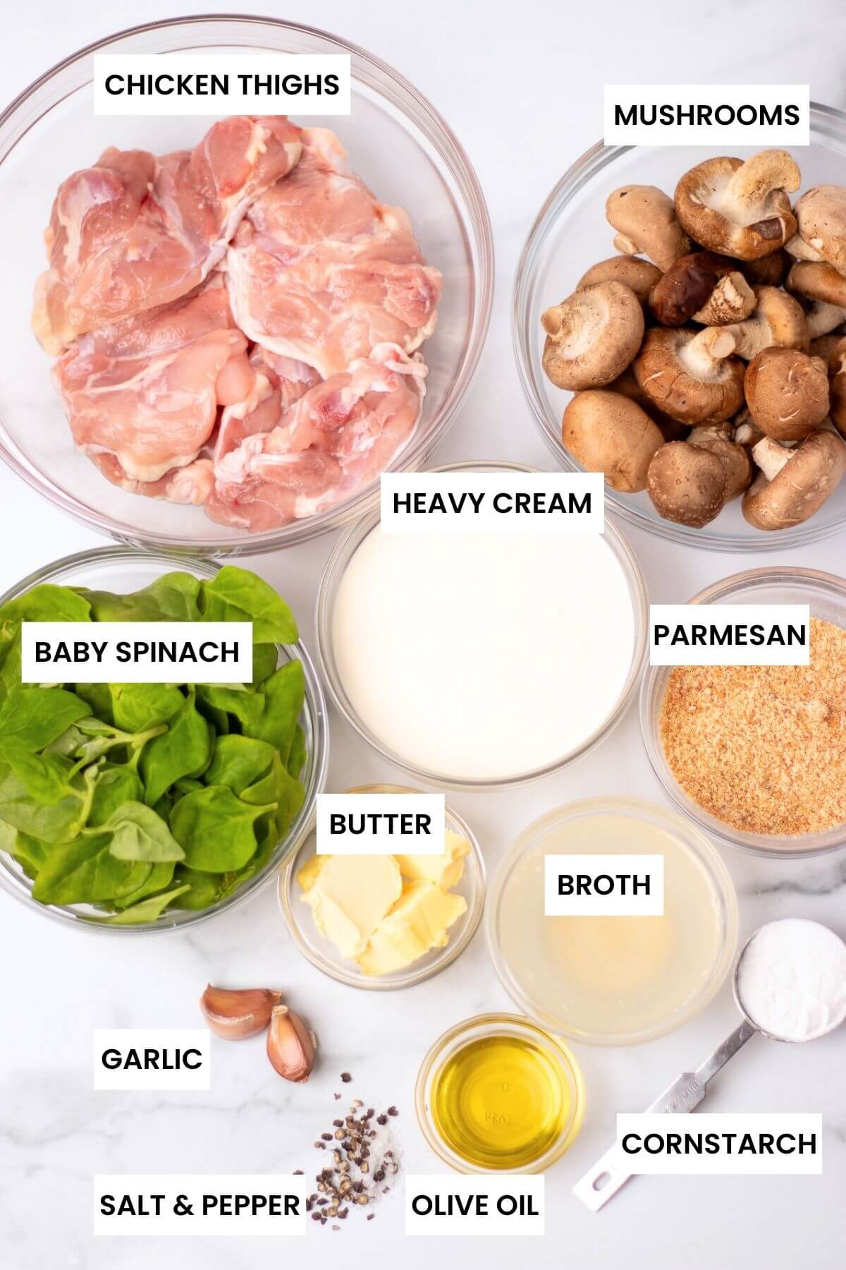 creamy chicken mushroom list of ingredients. flat lay.