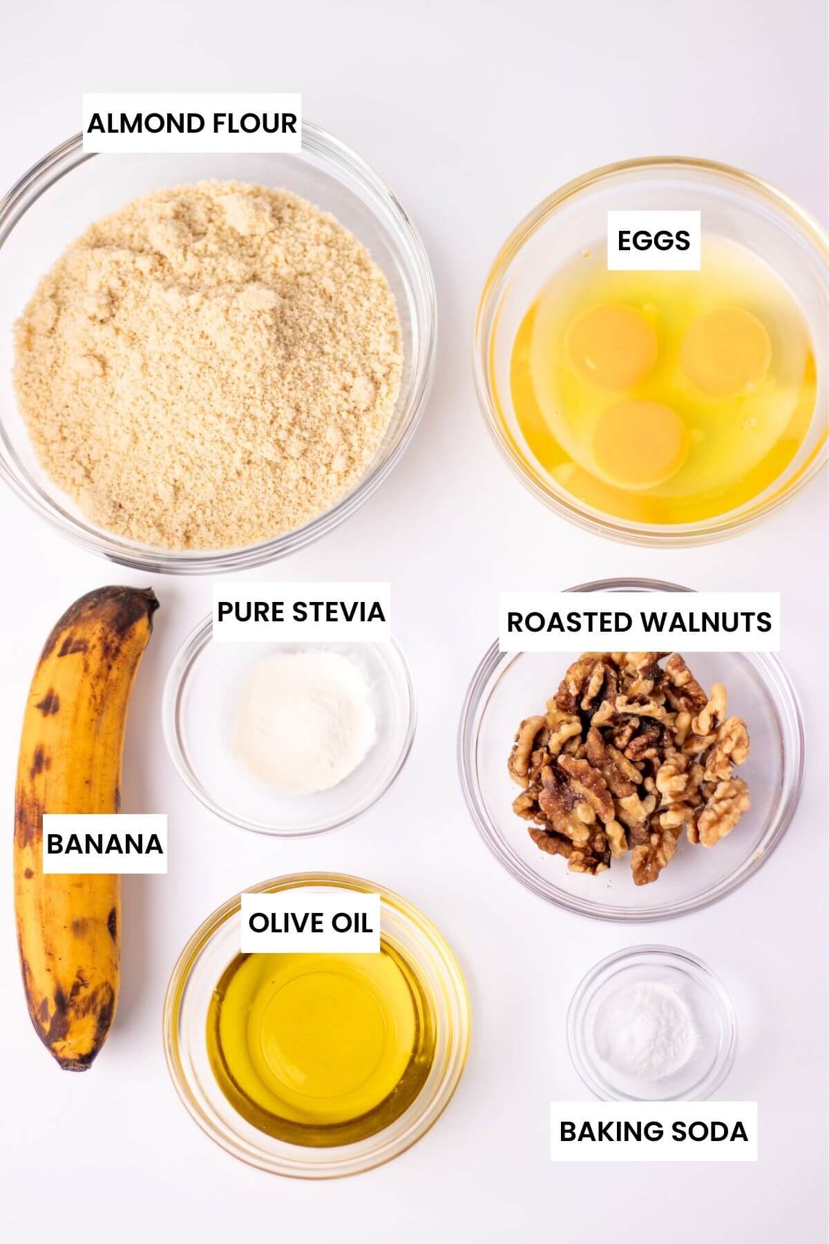ingredients for low carb banana bread. flat lay.