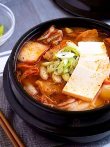 kimchi stew jjigae in an earthenware hot pot