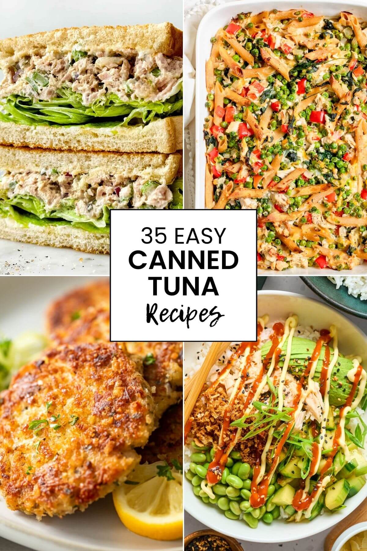 Collage showing different canned tuna recipes such as tuna salad, tuna casserole, tuna salad bowls, and crispy tuna patties.