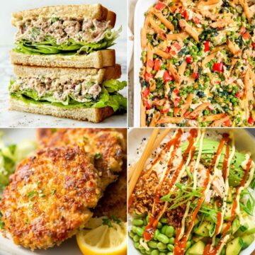 a collage of canned tuna recipes - tuna salad, casserole, patties, tuna rice bowl