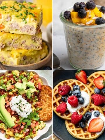 a collage of high-protein breakfast dishes